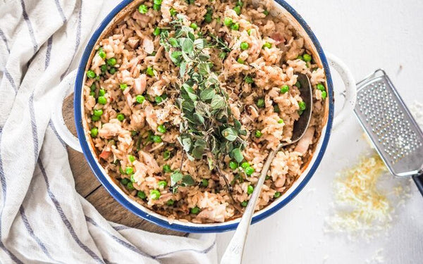 Oven-baked Leftover Roast Chicken, Bacon and Pea Risotto - Australian Organic Meat Co