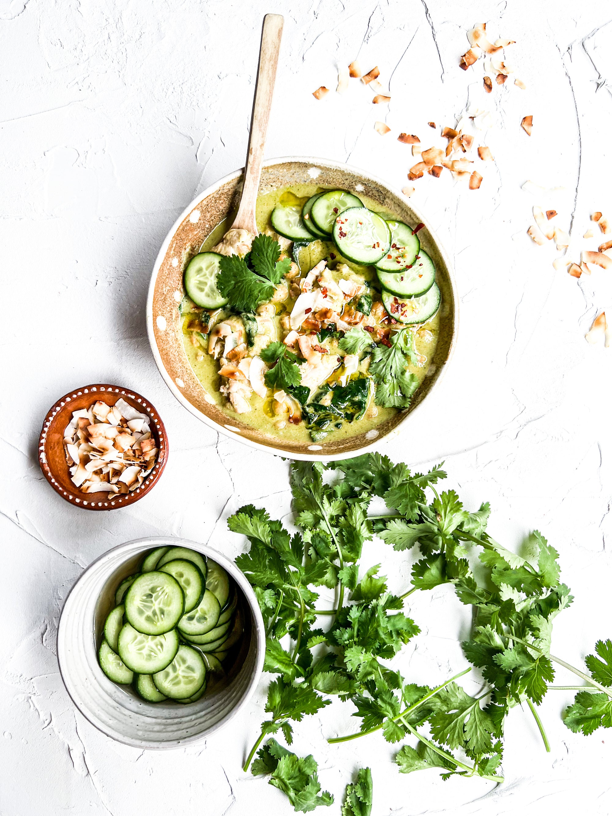 Summer chicken curry with toasted coconut and cucumber pickle