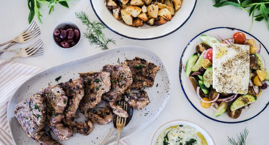 Greek Marinated Lamb Loin Chops with Spuds, Tzatziki and Greek Salad