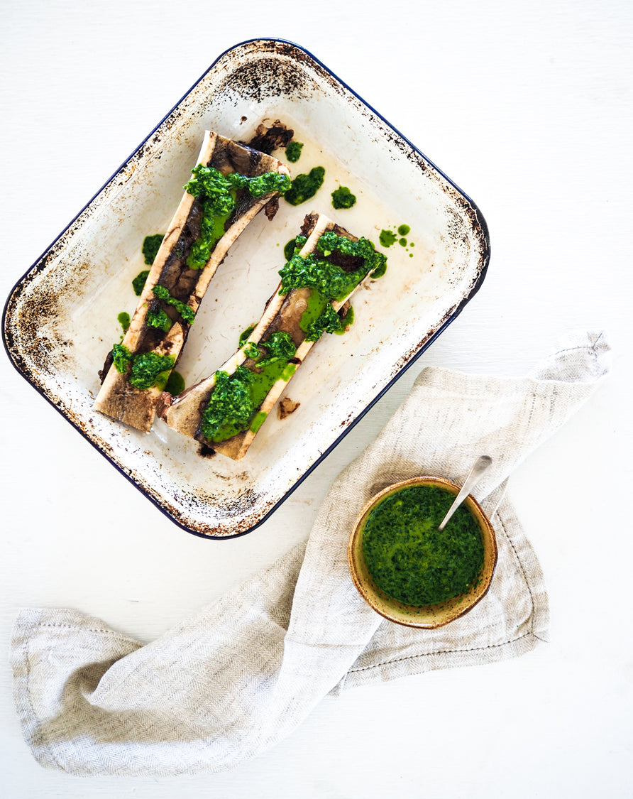 Roasted Bone Marrow with Coriander Chimichurri