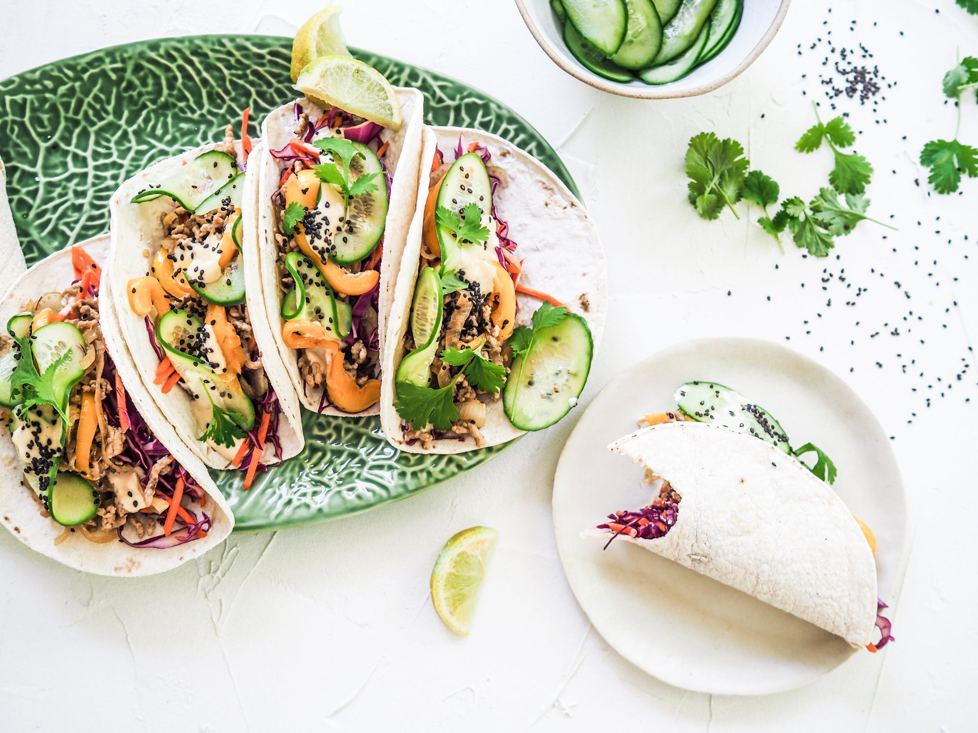 Sweet & Salty Pork Tacos with Pickled Cucumber, Slaw and Asian Mayo
